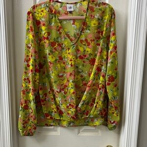CAbi Lime Green Floral Faux Wrap-Front V-Neck Blouse